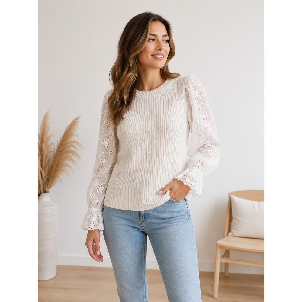 Rebecca Taylor Ribbed Knit Silk Cotton Eyelet Lace Puff Sleeve Sweater Womens S